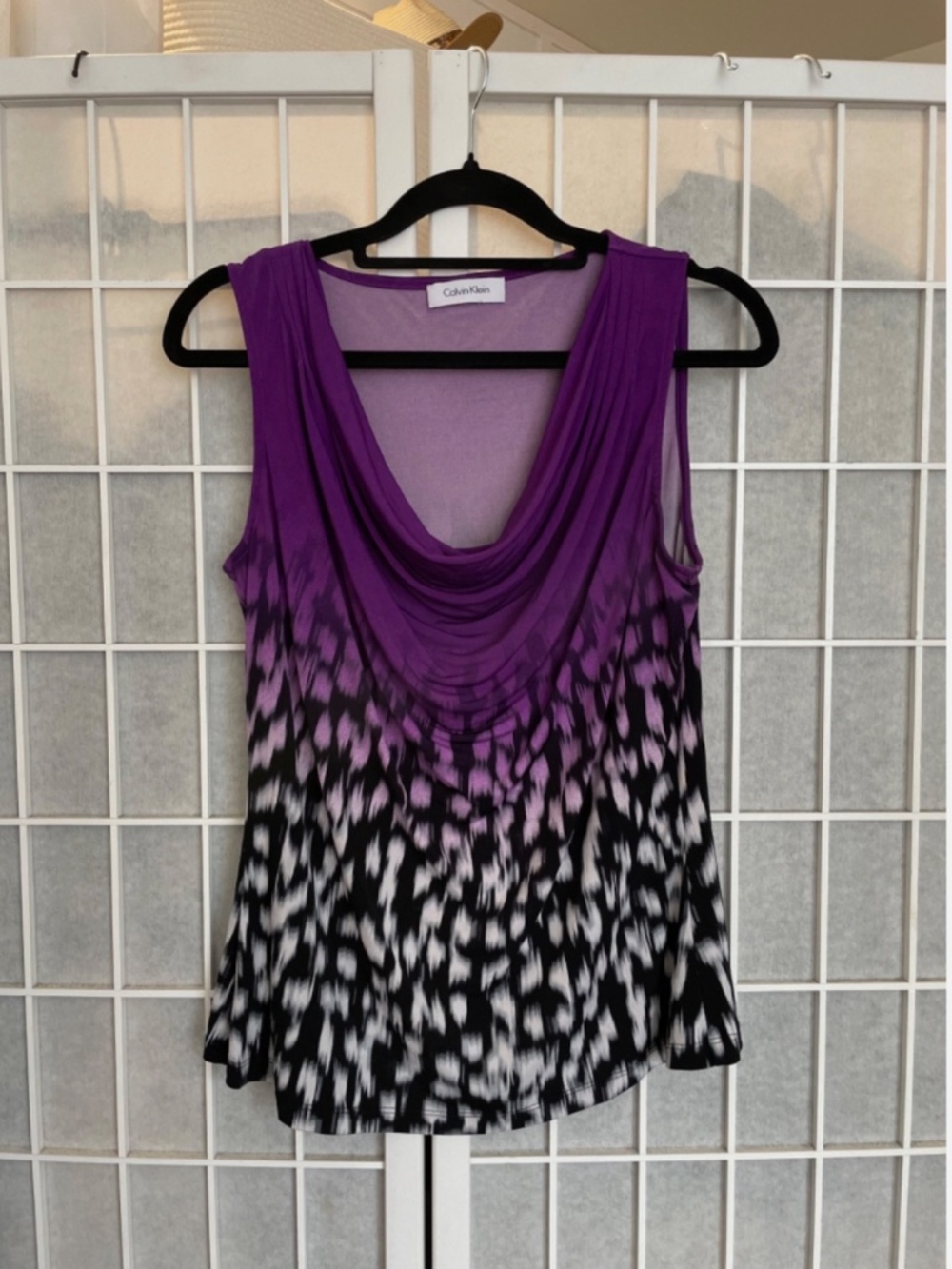 Calvin Klein top women small animal print cowl neck purple